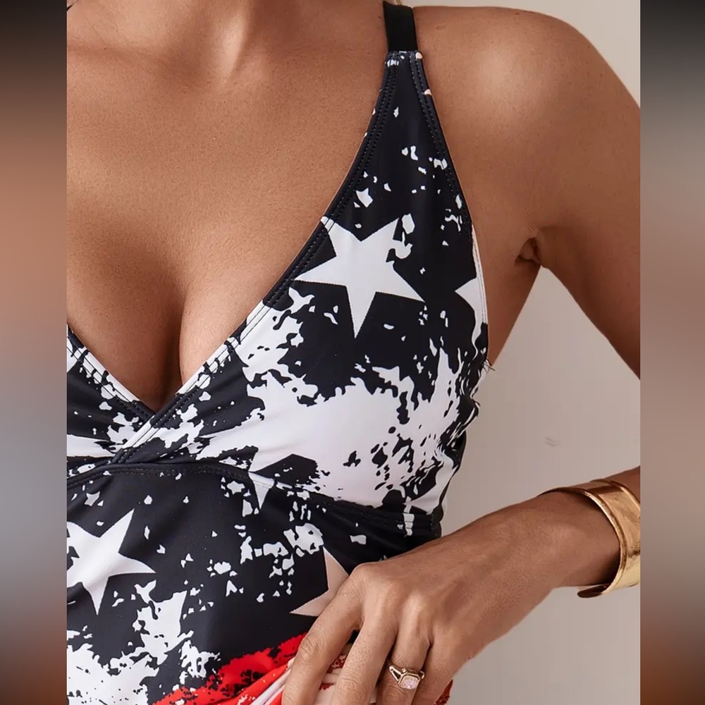 American Flag Stars Stripes Black Tankini Swimsuit - Picture 4 of 7